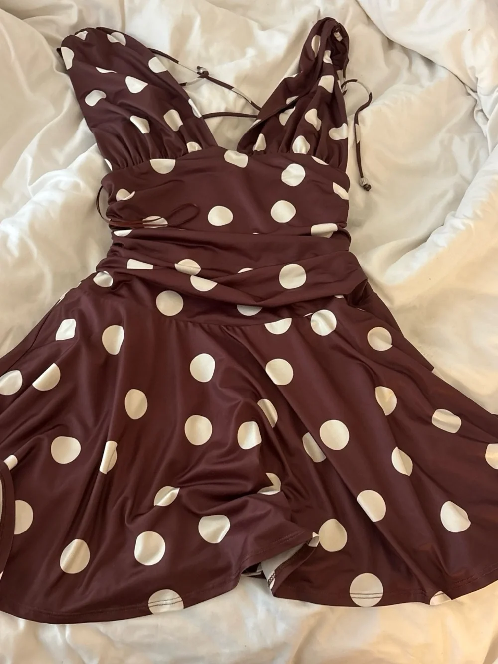 Free People Brown and White Polka Dot V-Neck Mini Dress